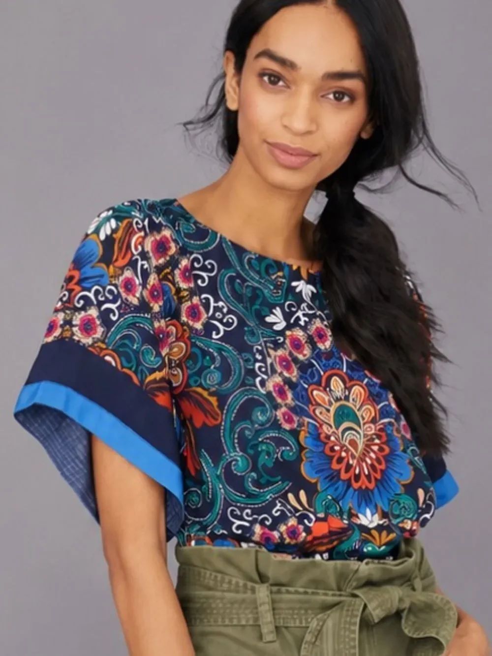 Anthropologie Boho Paisley Kimono Sleeve Smocked Waist Blouse NWOT